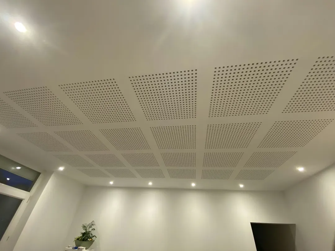 Pièce terminée : plafond en plaques de plâtre perforées en damier, spots encastrés, murs blancs.